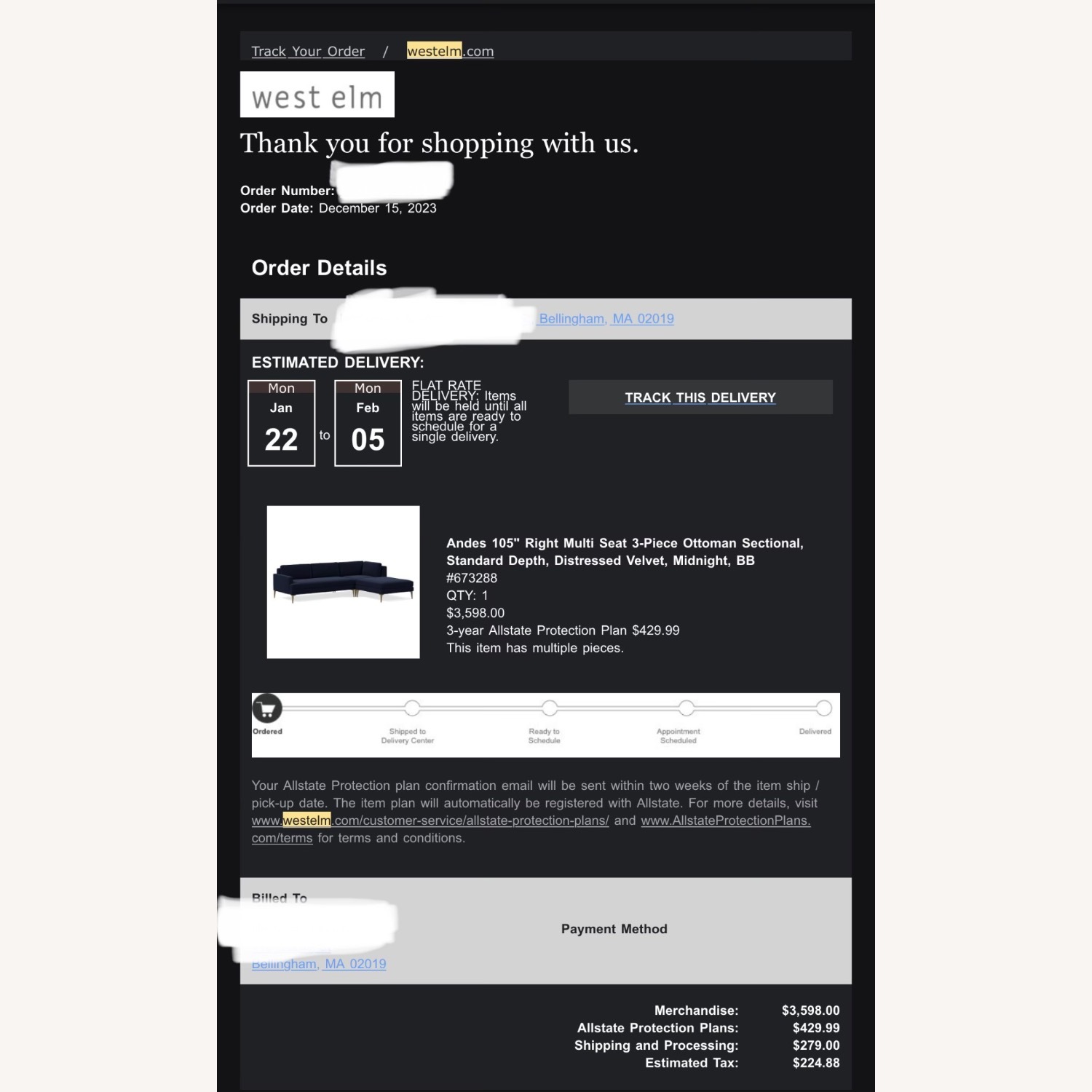 West Elm Andes Blue Velvet 3+ Piece Sectional - image-7