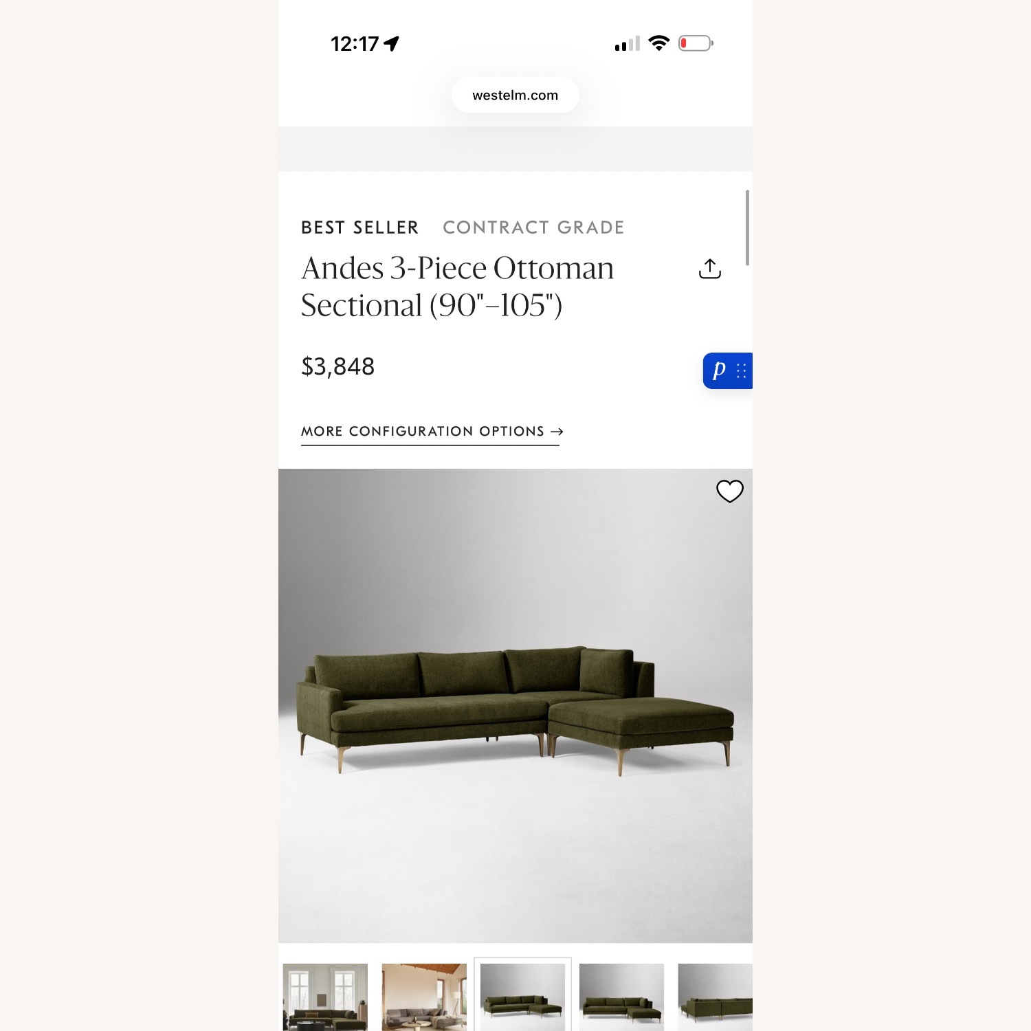 West Elm Andes Blue Velvet 3+ Piece Sectional - image-8