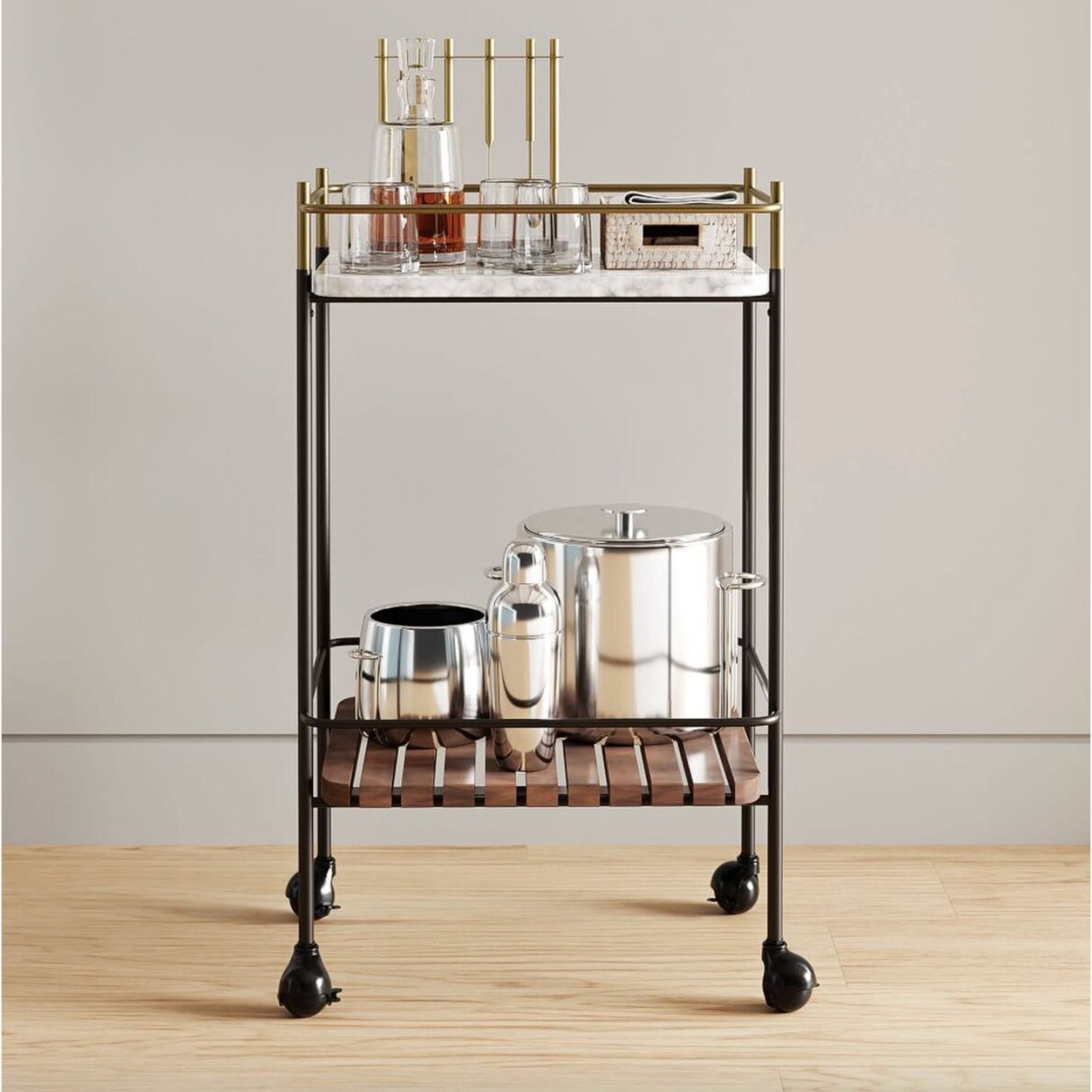 West Elm Eclipse Bar Cart, Marble, Cool Walnut - image-1