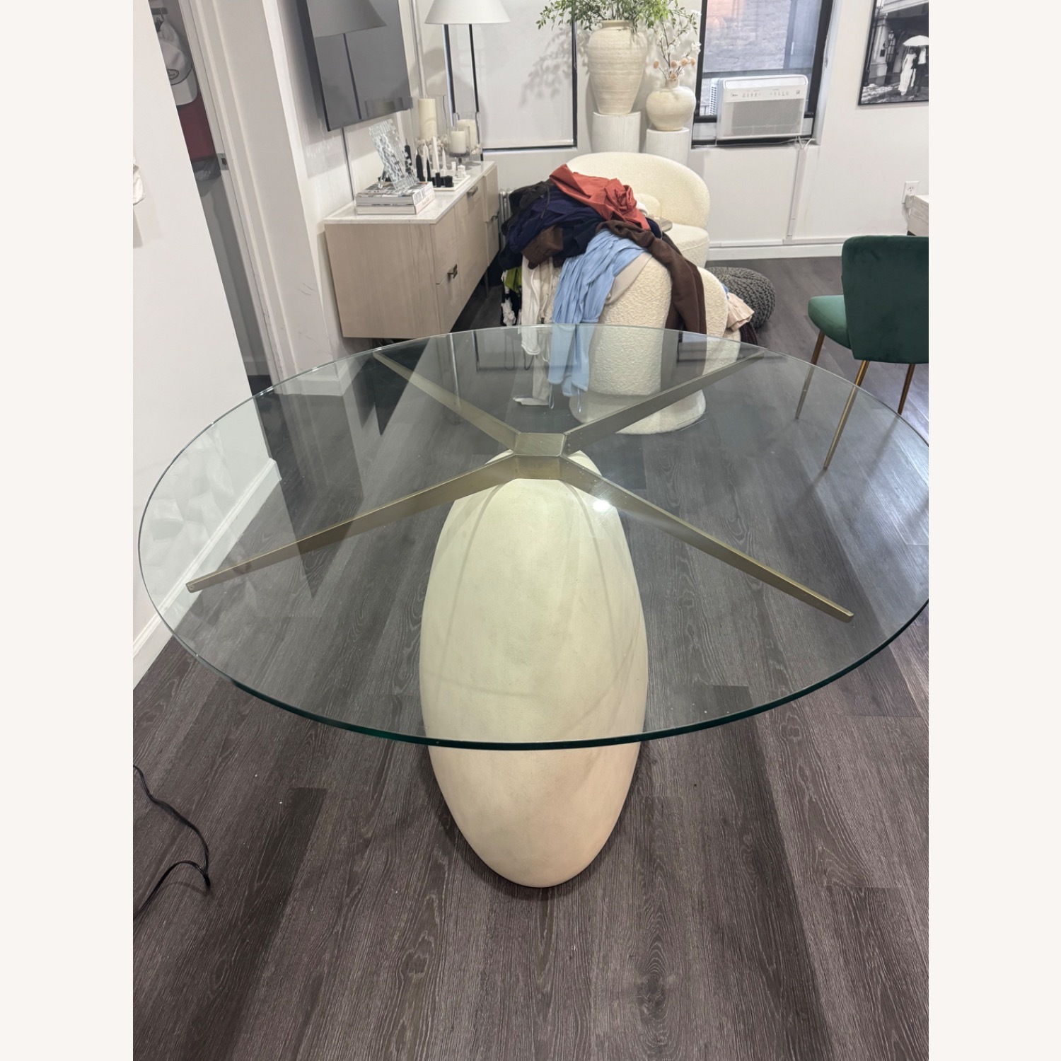 CB2 Stone 47" Round White Concrete Dining Table With Glass Top - image-3