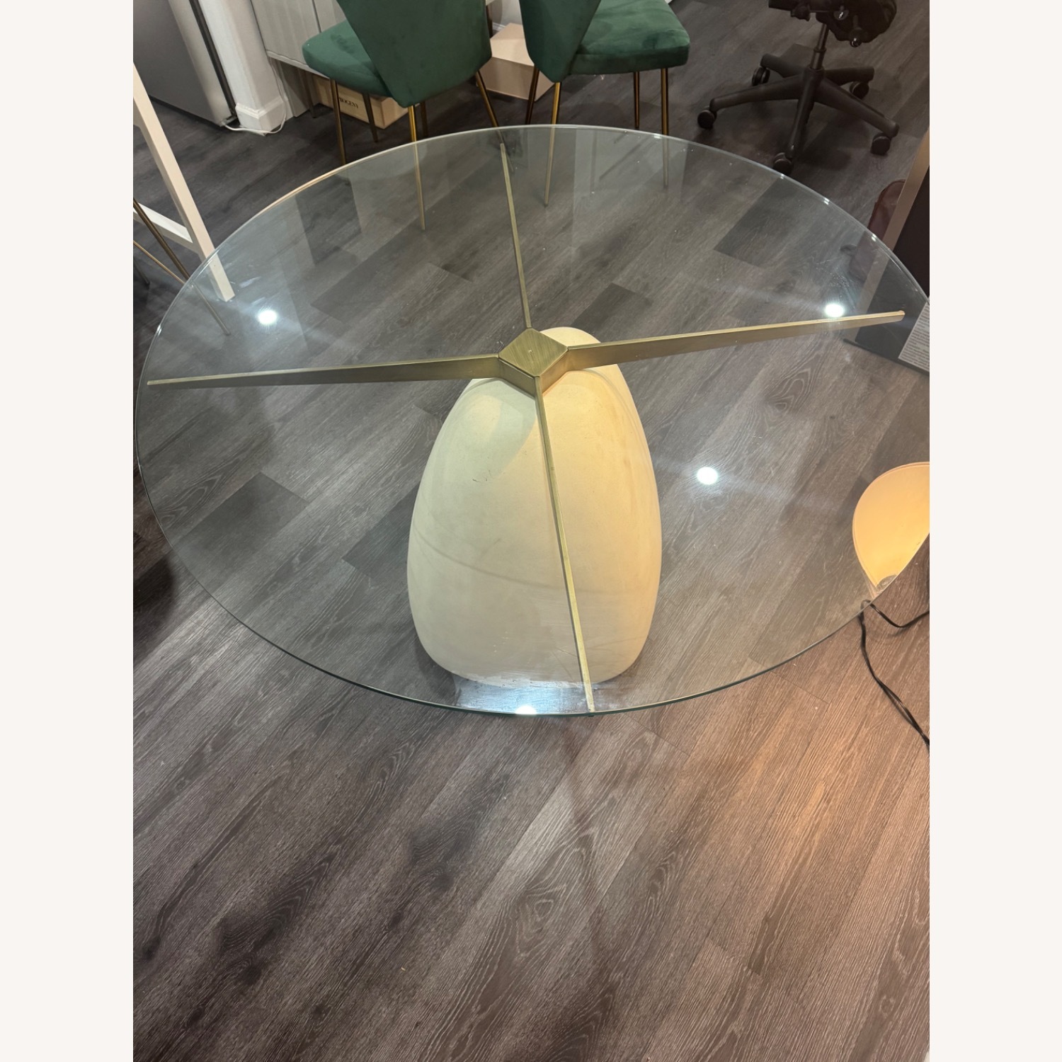CB2 Stone 47" Round White Concrete Dining Table With Glass Top - image-2
