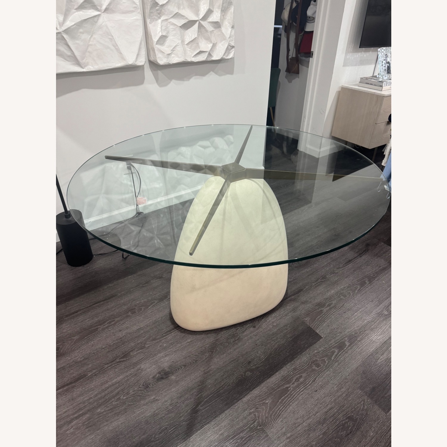 CB2 Stone 47" Round White Concrete Dining Table With Glass Top - image-1