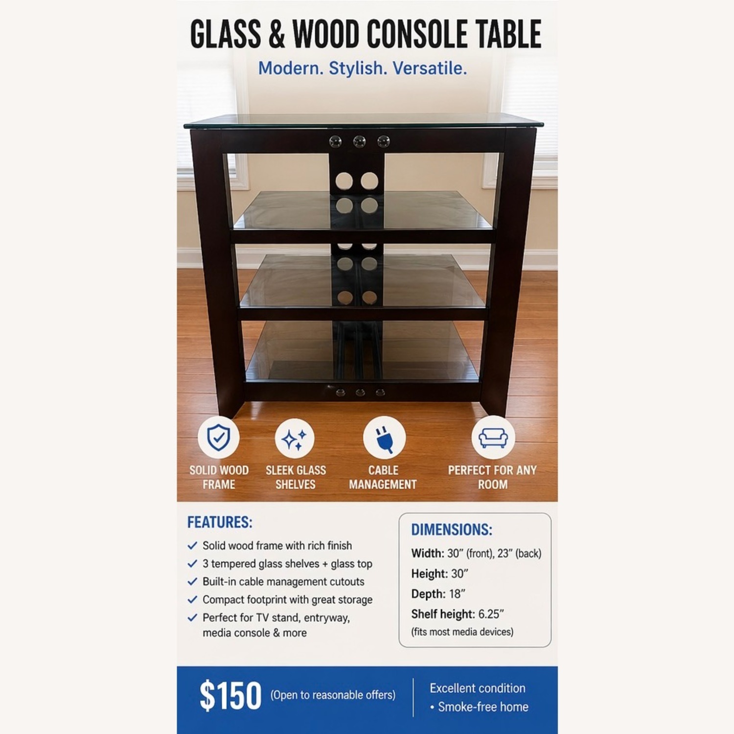 Dark Brown Wood and Glass Console Table - image-1