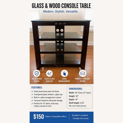 Used Dark Brown Wood and Glass Console Table for sale on AptDeco
