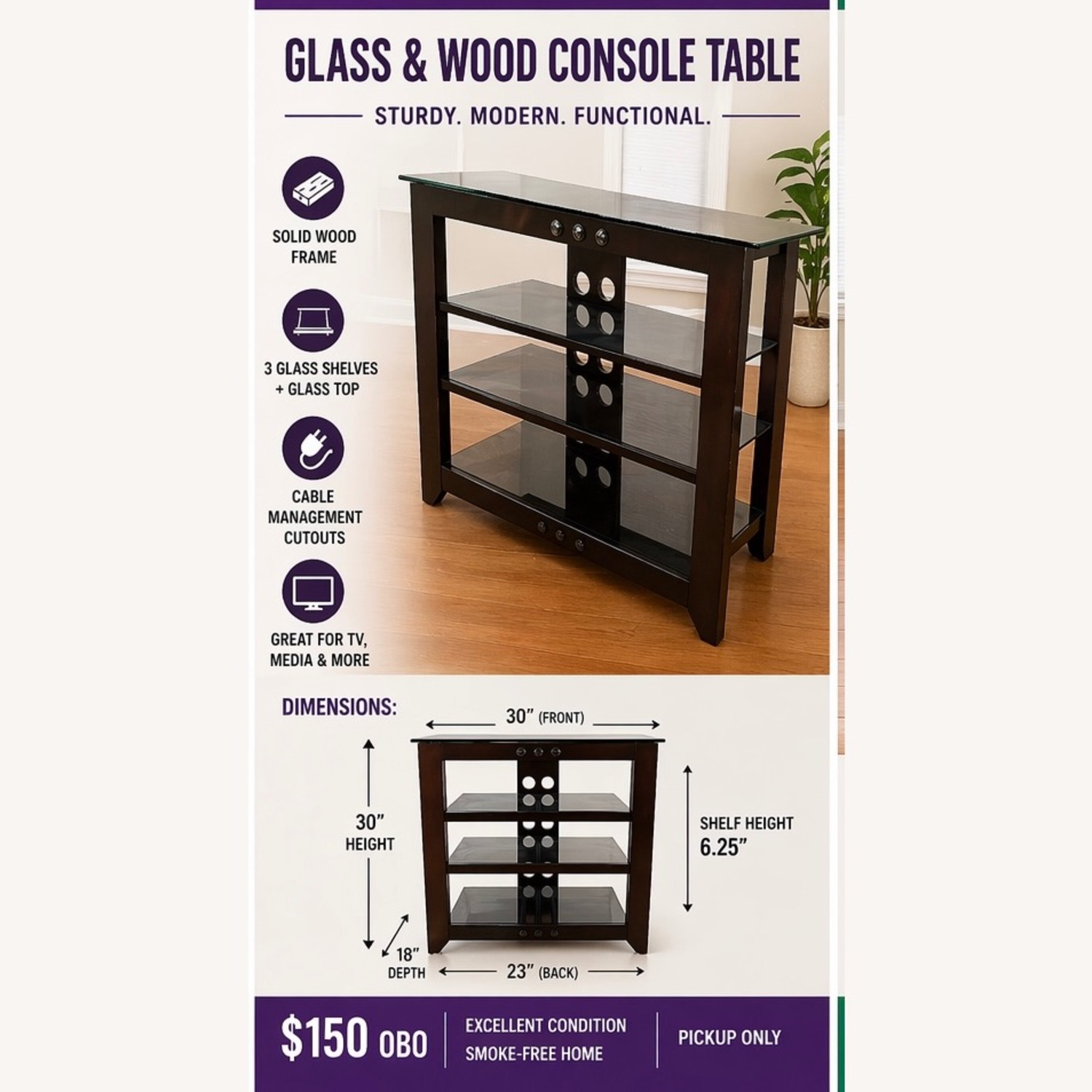Dark Brown Wood and Glass Console Table - image-2
