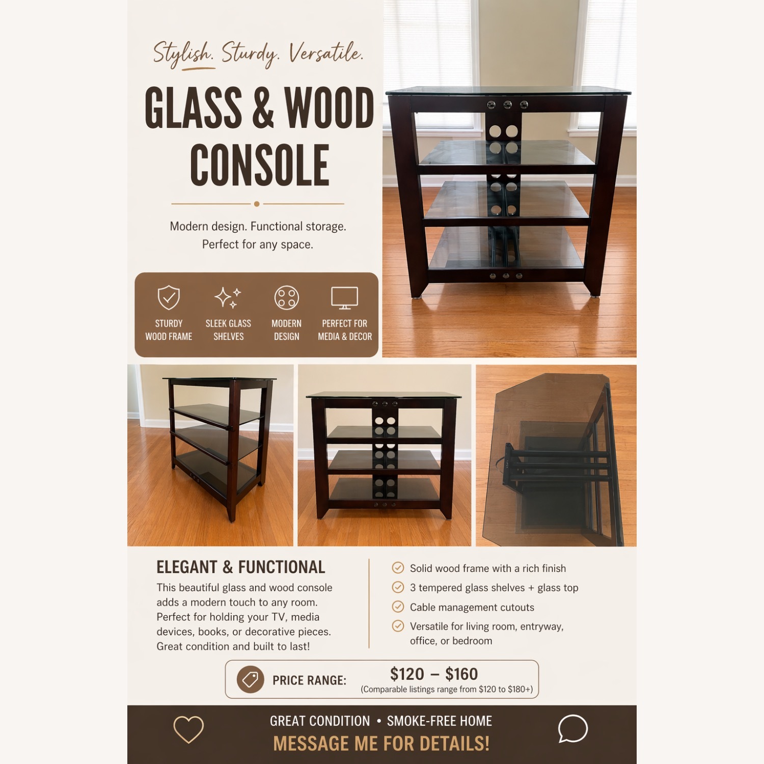 Dark Brown Wood and Glass Console Table - image-3