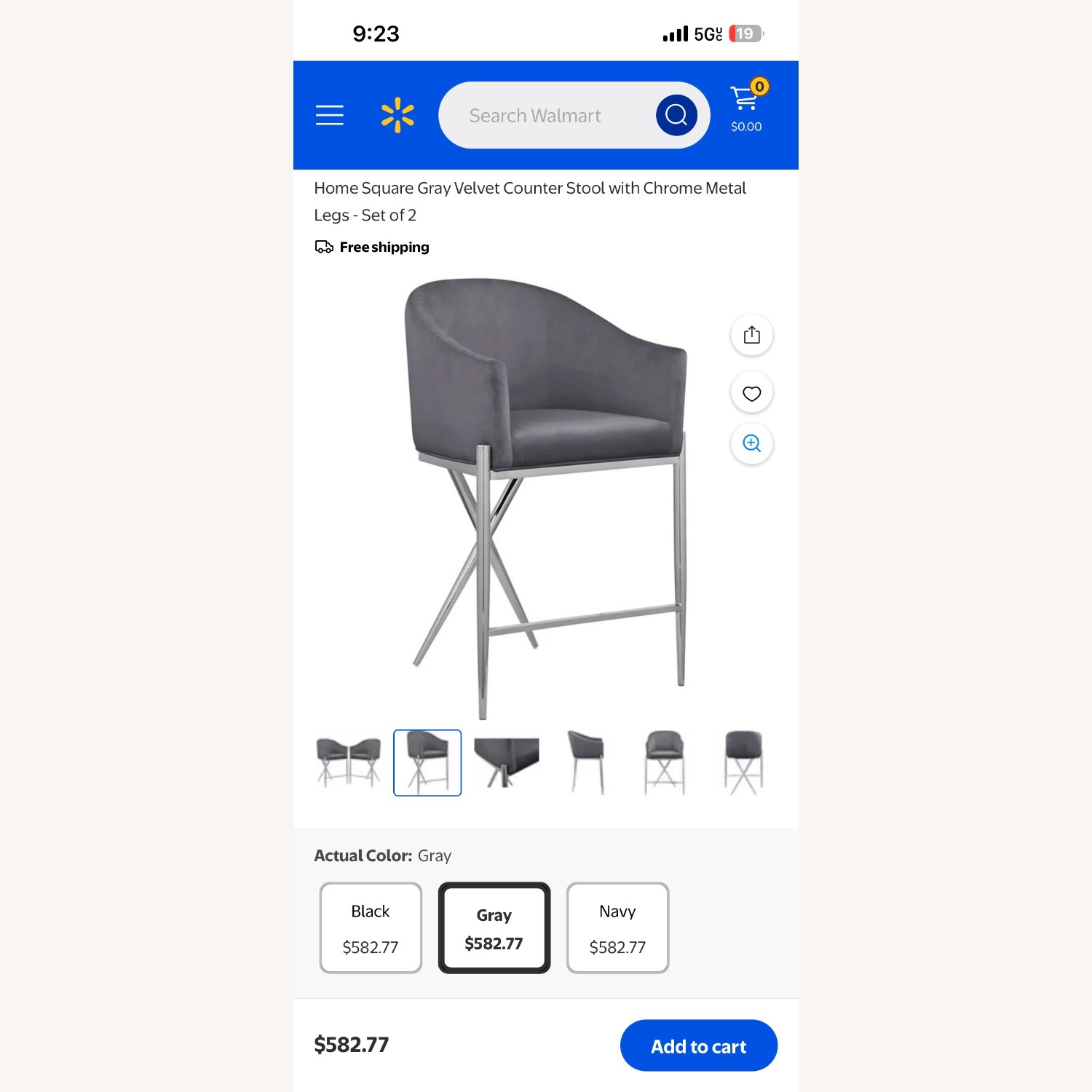 Living Spaces Dark Gray Velvet Stool Chrome Legs - image-4