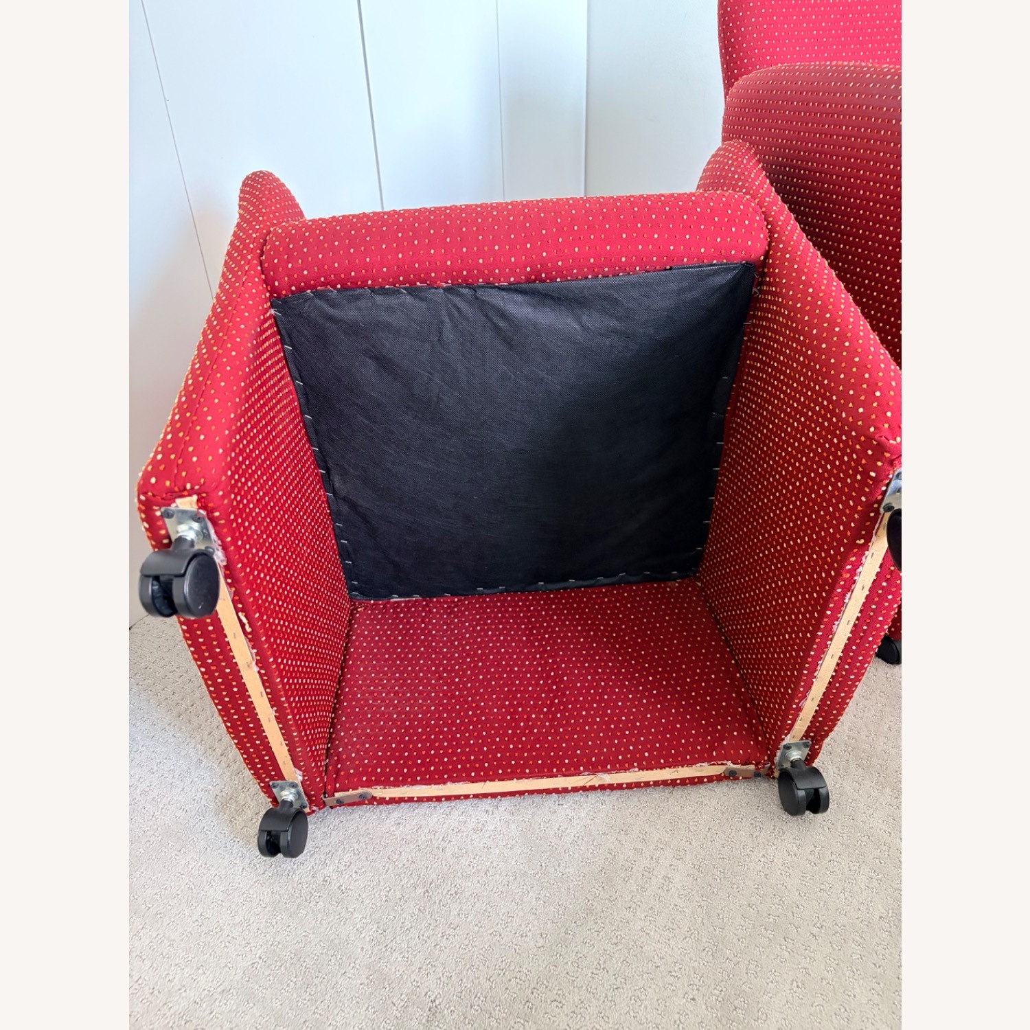 Red Upholstered Armchairs on Wheels - image-7