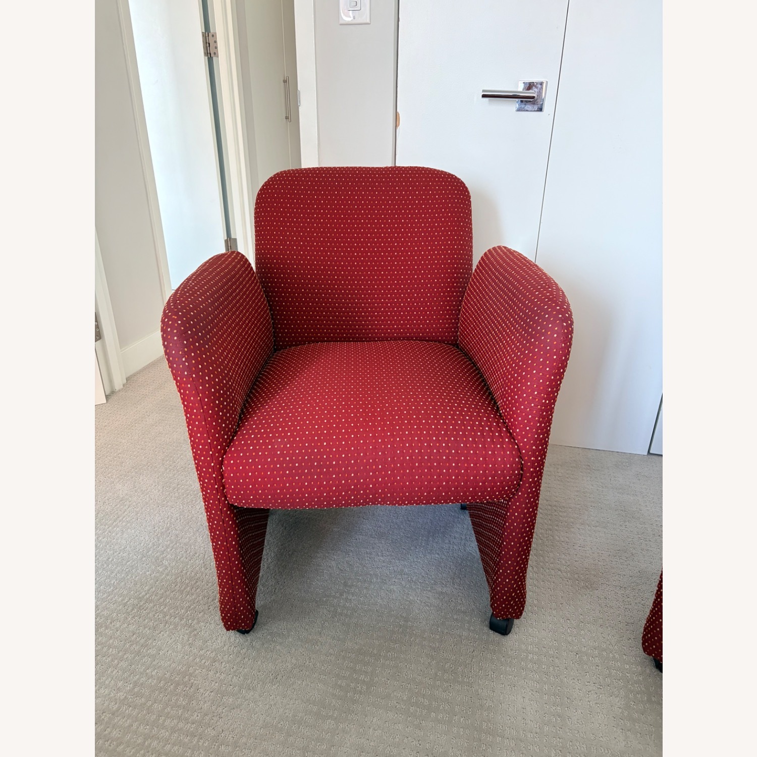 Red Upholstered Armchairs on Wheels - image-3