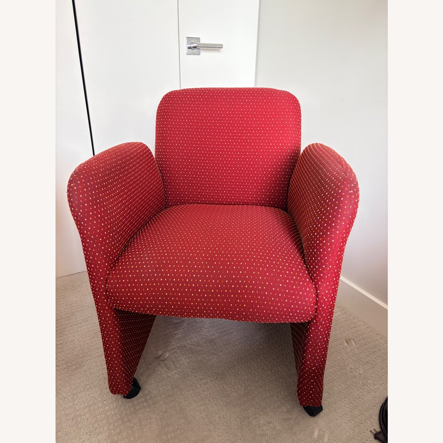 Red Upholstered Armchairs on Wheels - image-2