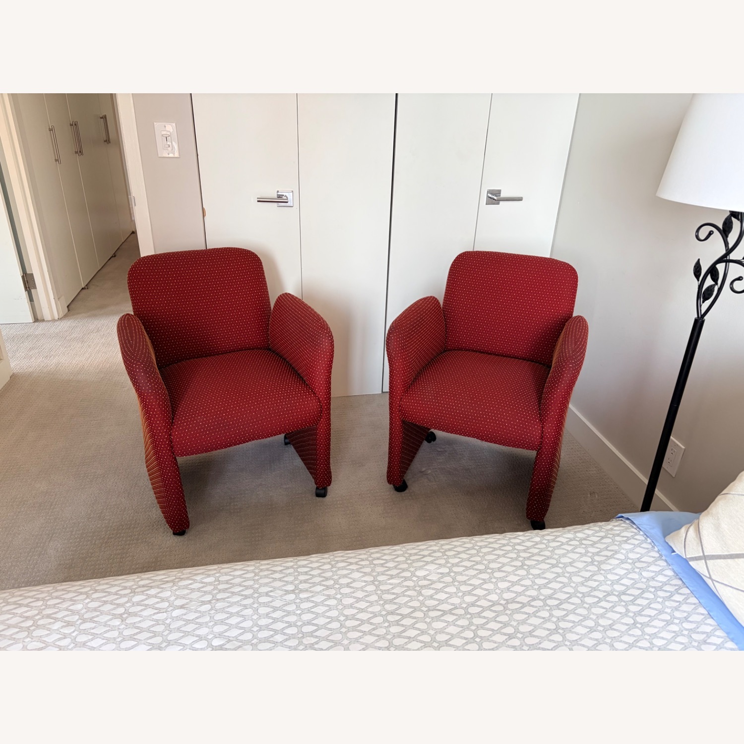 Red Upholstered Armchairs on Wheels - image-1