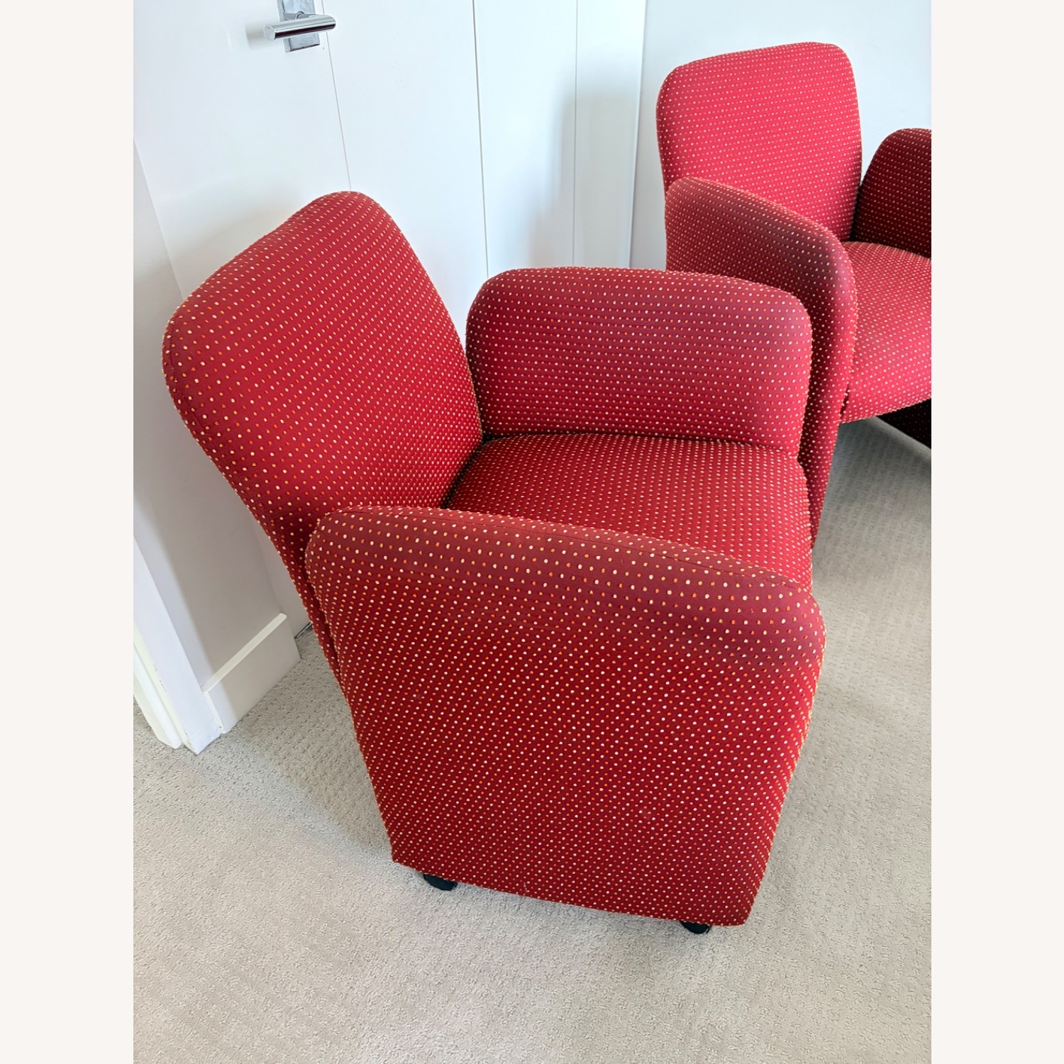 Red Upholstered Armchairs on Wheels - image-6