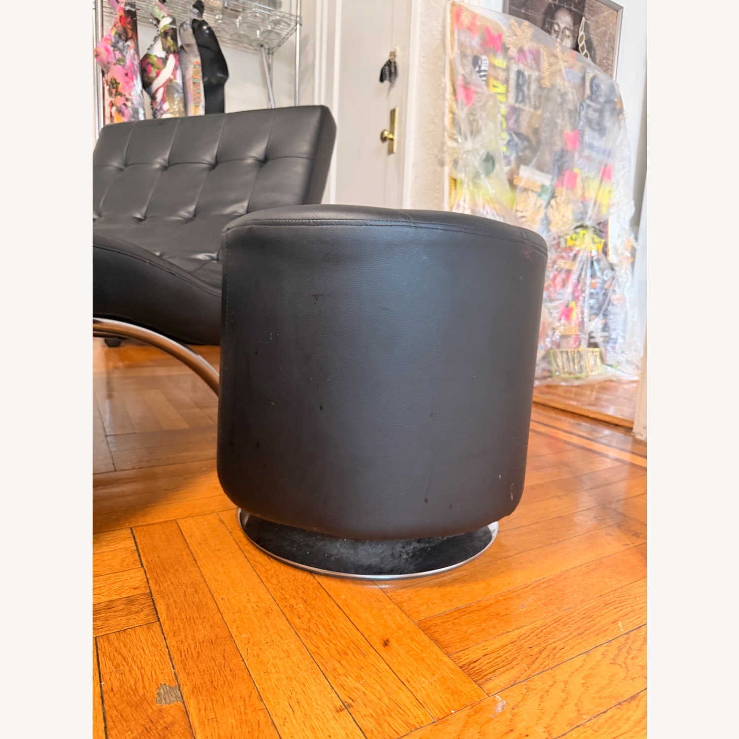 Macy's Black Leather Ottoman - image-3