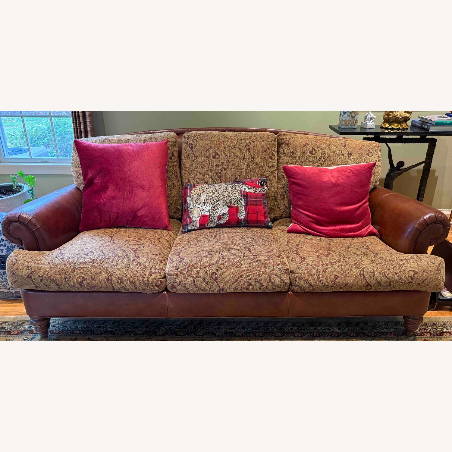 Ethan Allen Leather Paisley Print Sofa  - image-1