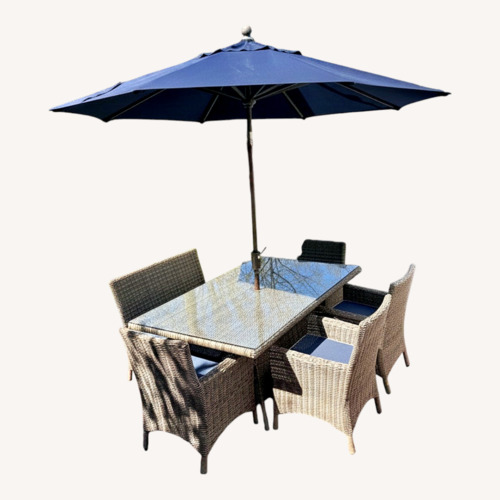 Used Outdoor Dining Set + Umbrella |Sunbrella Cushions for sale on AptDeco