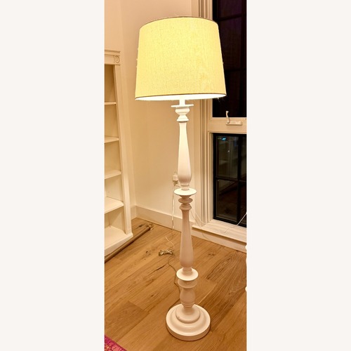 Used White Turned Wood Floor Lamp W Linen Shade  for sale on AptDeco