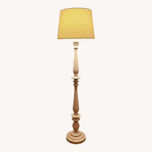 Used White Turned Wood Floor Lamp W Linen Shade  for sale on AptDeco
