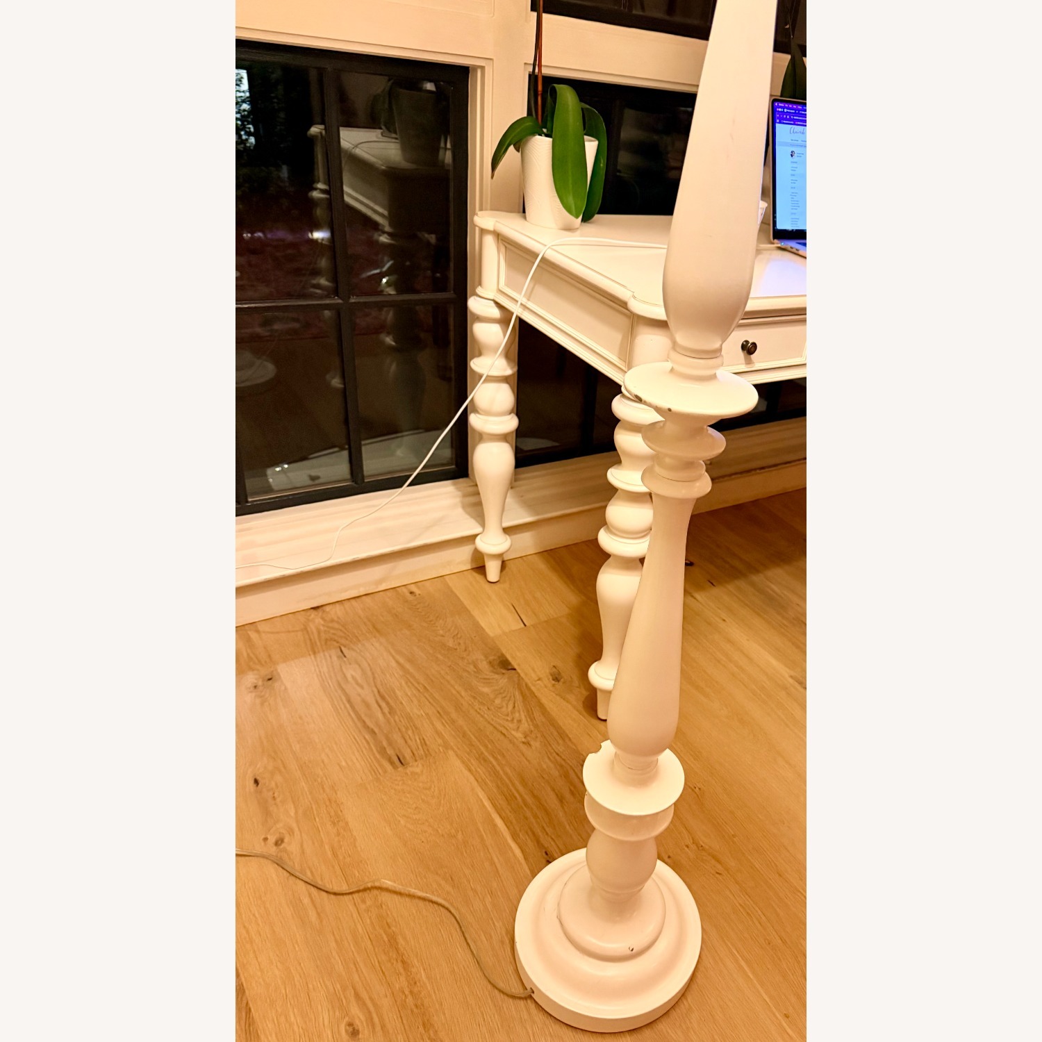 White Turned Wood Floor Lamp W Linen Shade  - image-2