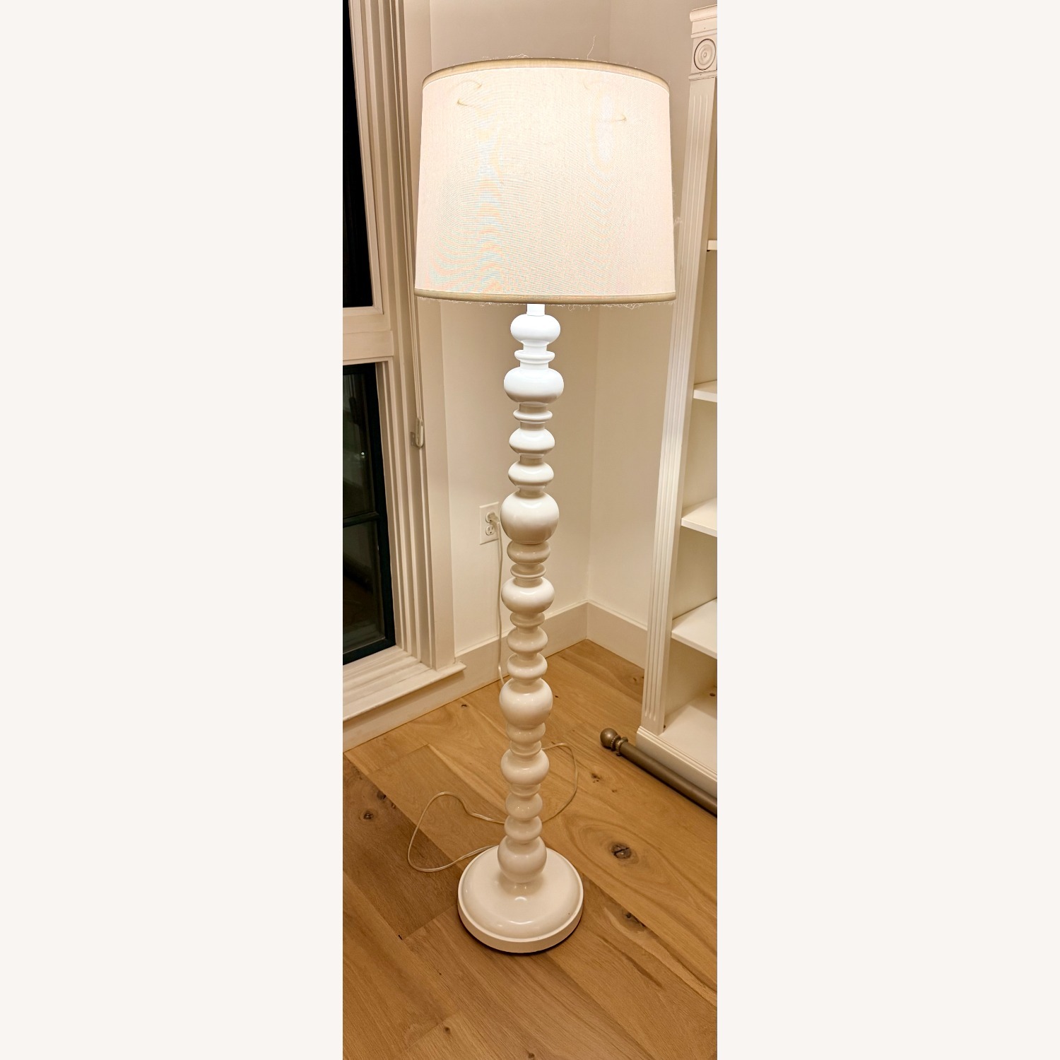 White Turned Floor Lamp W Linen Drum Shade  - image-1