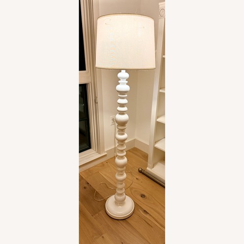 Used White Turned Floor Lamp W Linen Drum Shade  for sale on AptDeco