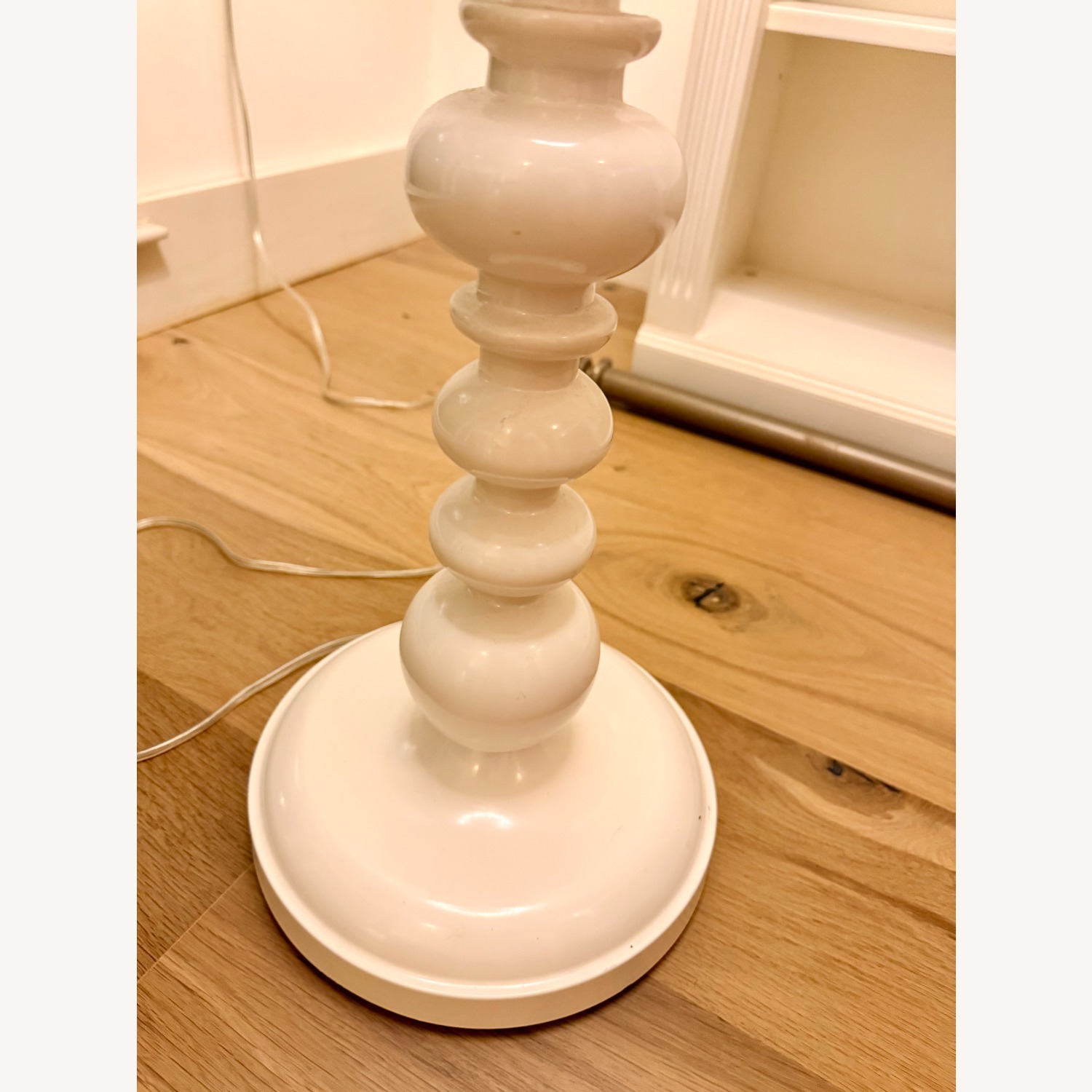 White Turned Floor Lamp W Linen Drum Shade  - image-4