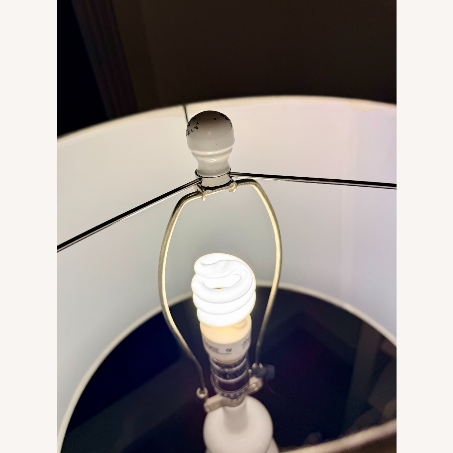 White Turned Floor Lamp W Linen Drum Shade  - image-2