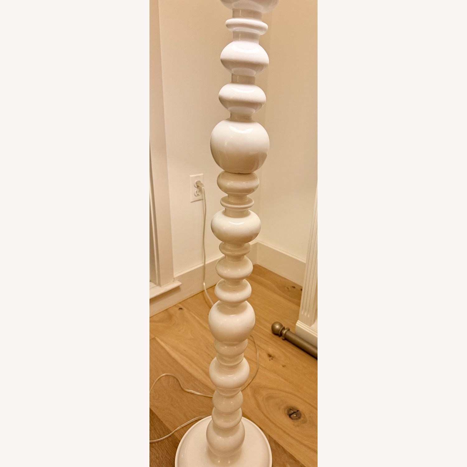 White Turned Floor Lamp W Linen Drum Shade  - image-3