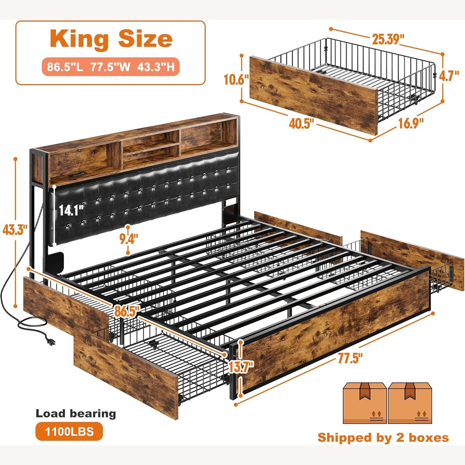 Vintage Brown Natural Metal King Bed - image-2