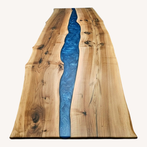 Used Blue Epoxy River Walnut Wood Dining Table for sale on AptDeco