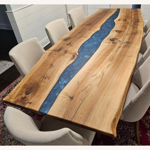 Used Blue Epoxy River Walnut Wood Dining Table for sale on AptDeco
