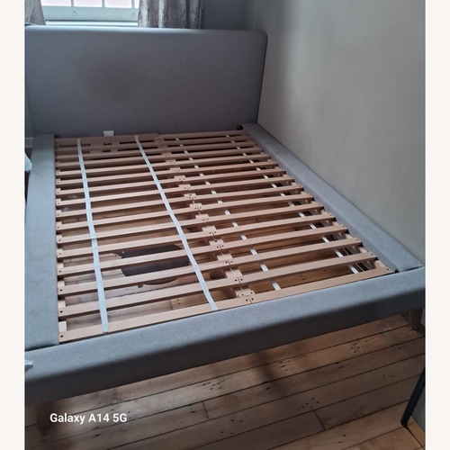 Used West Elm Light Gray Fabric Queen Bed for sale on AptDeco