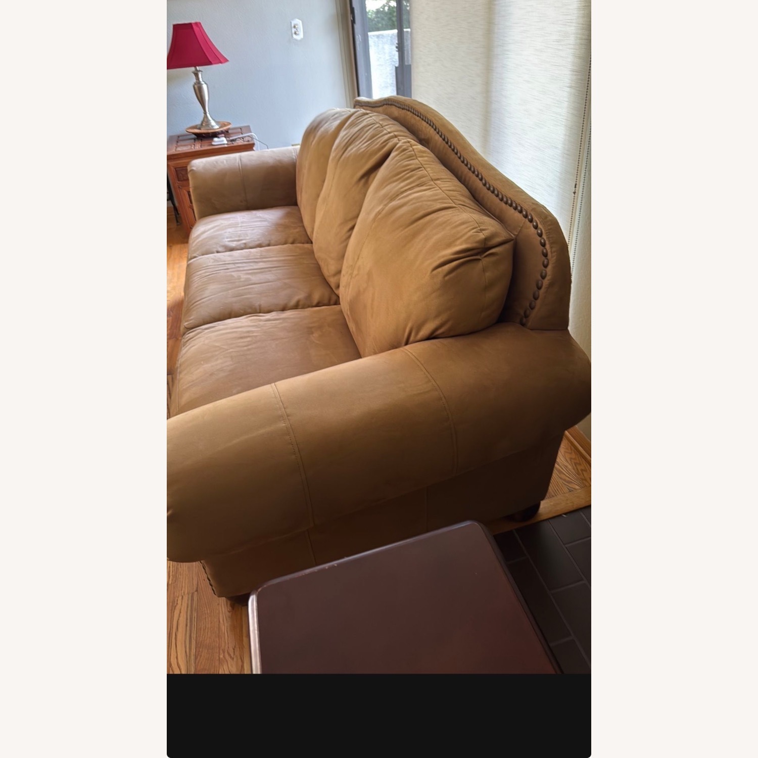 Brown Microfiber Sofa with Nailhead Trim - image-2