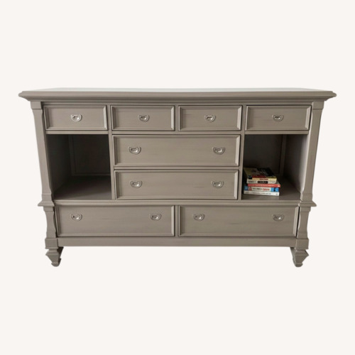 Used Solid Wood Gray Dresser + Mirror for sale on AptDeco