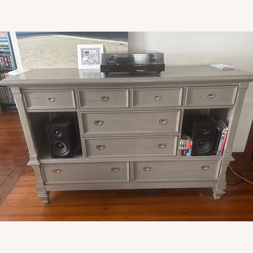 Used Solid Wood Gray Dresser + Mirror for sale on AptDeco