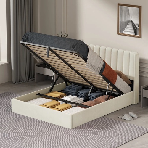 Used Queen Storage Bed Frame with Wingback Headboard for sale on AptDeco