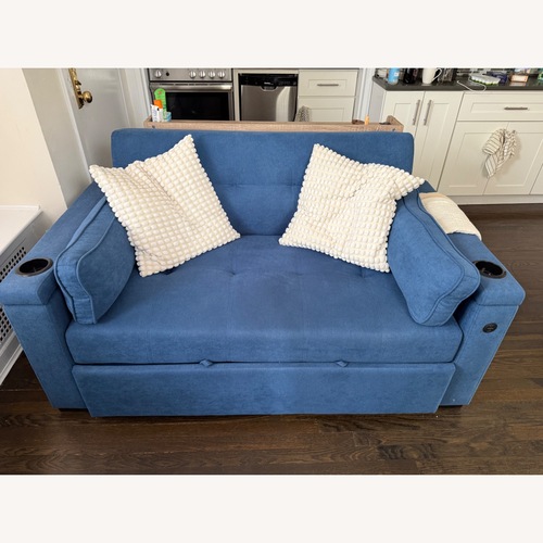 Used Bob's Discount Furniture Blue Loveseat Sleeper Sofa for sale on AptDeco