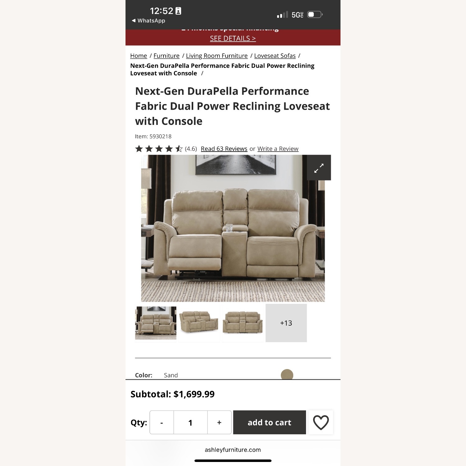 Ashley Furniture Light Brown 2 Seater Sofa - image-1