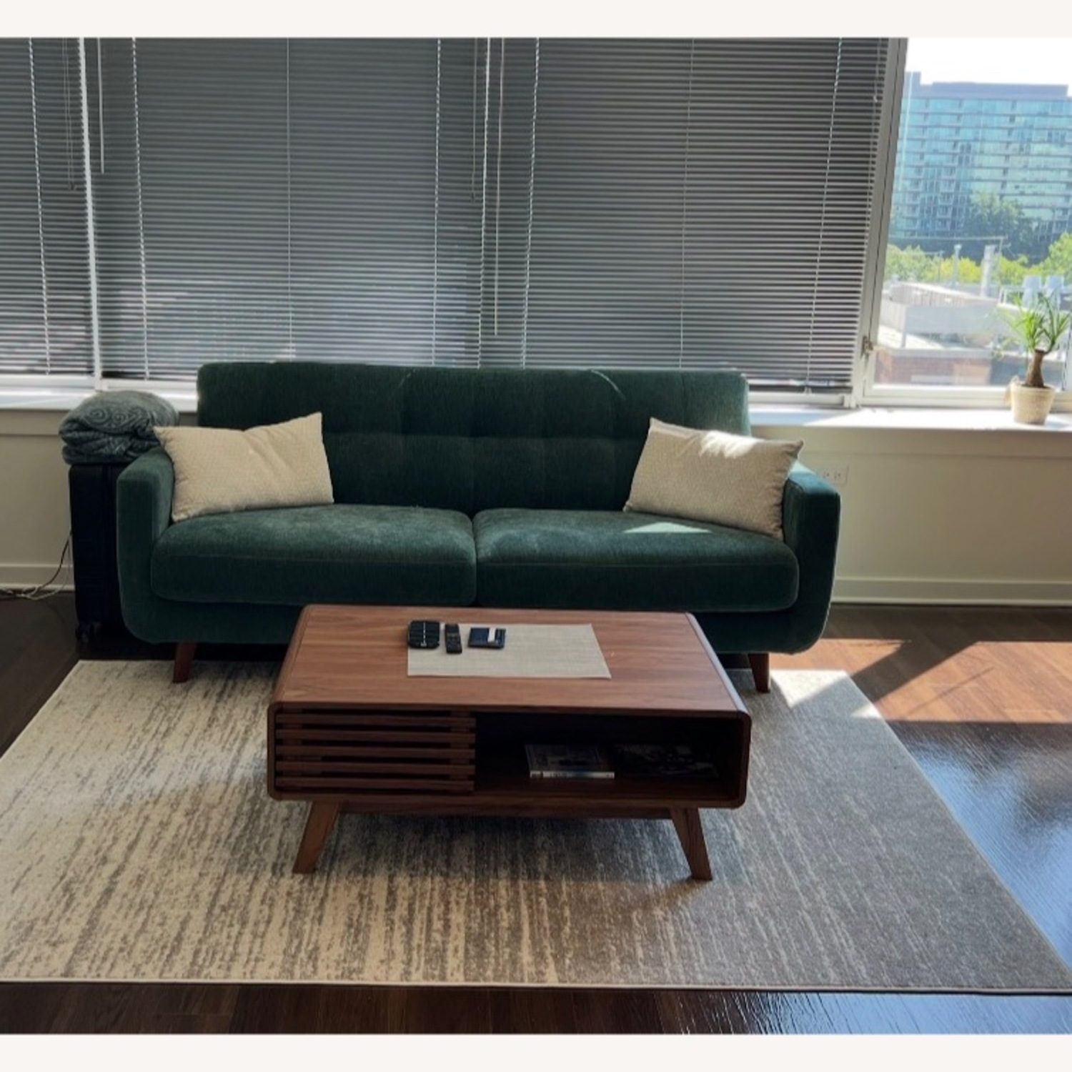 Living Spaces Allie 80" Jade Green Velvet Sofa - image-1