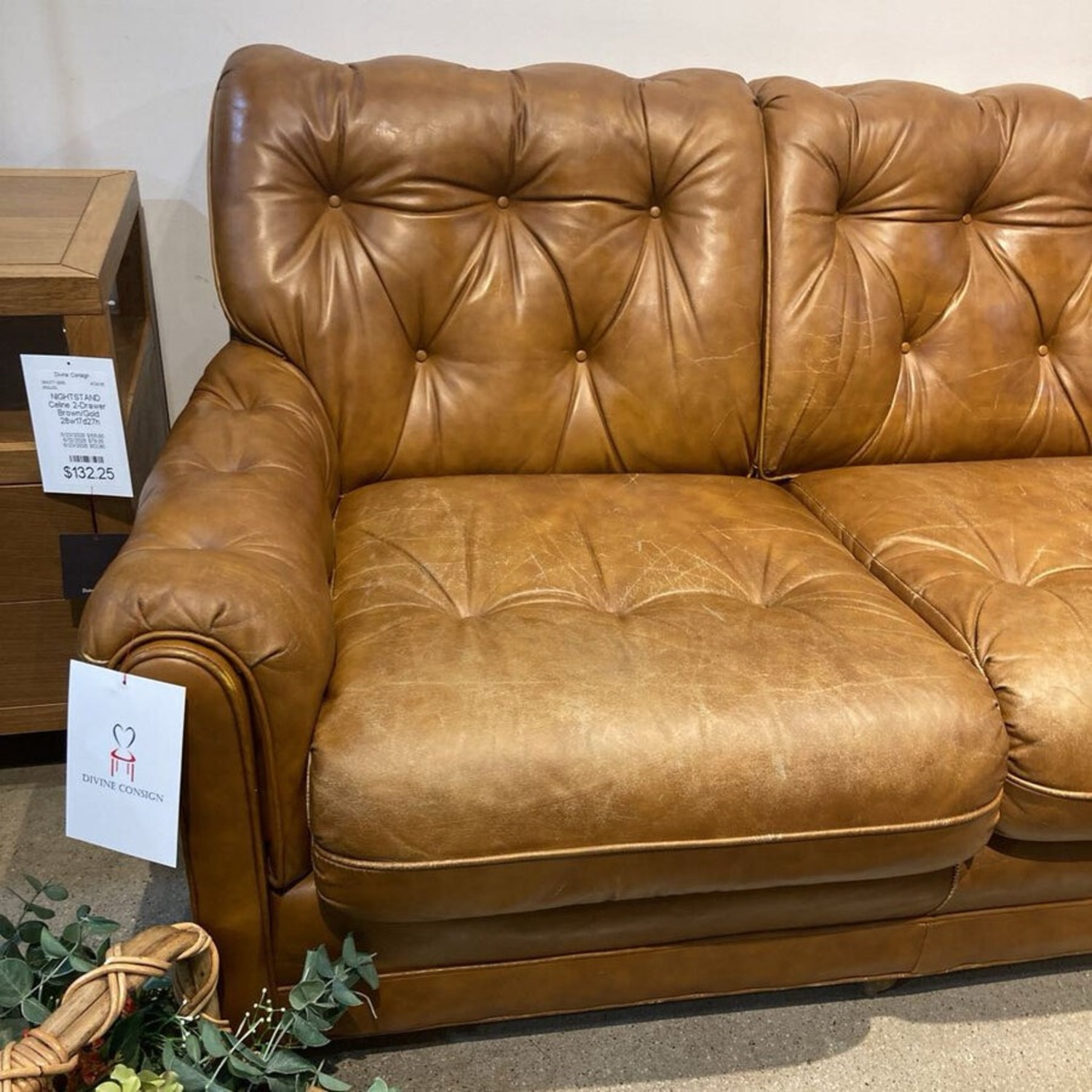 Brewster & Stroud Caramel Tufted Leather Sofa - image-4