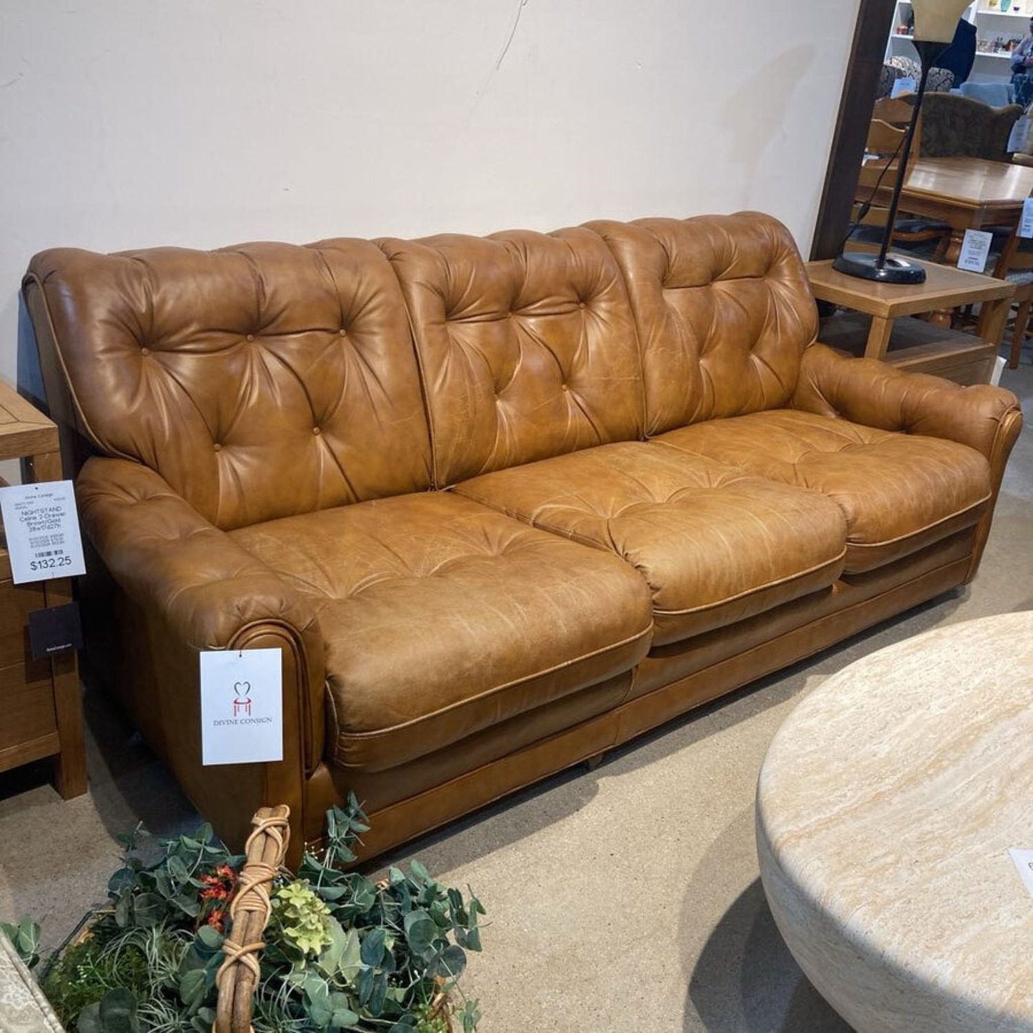 Brewster & Stroud Caramel Tufted Leather Sofa - image-2