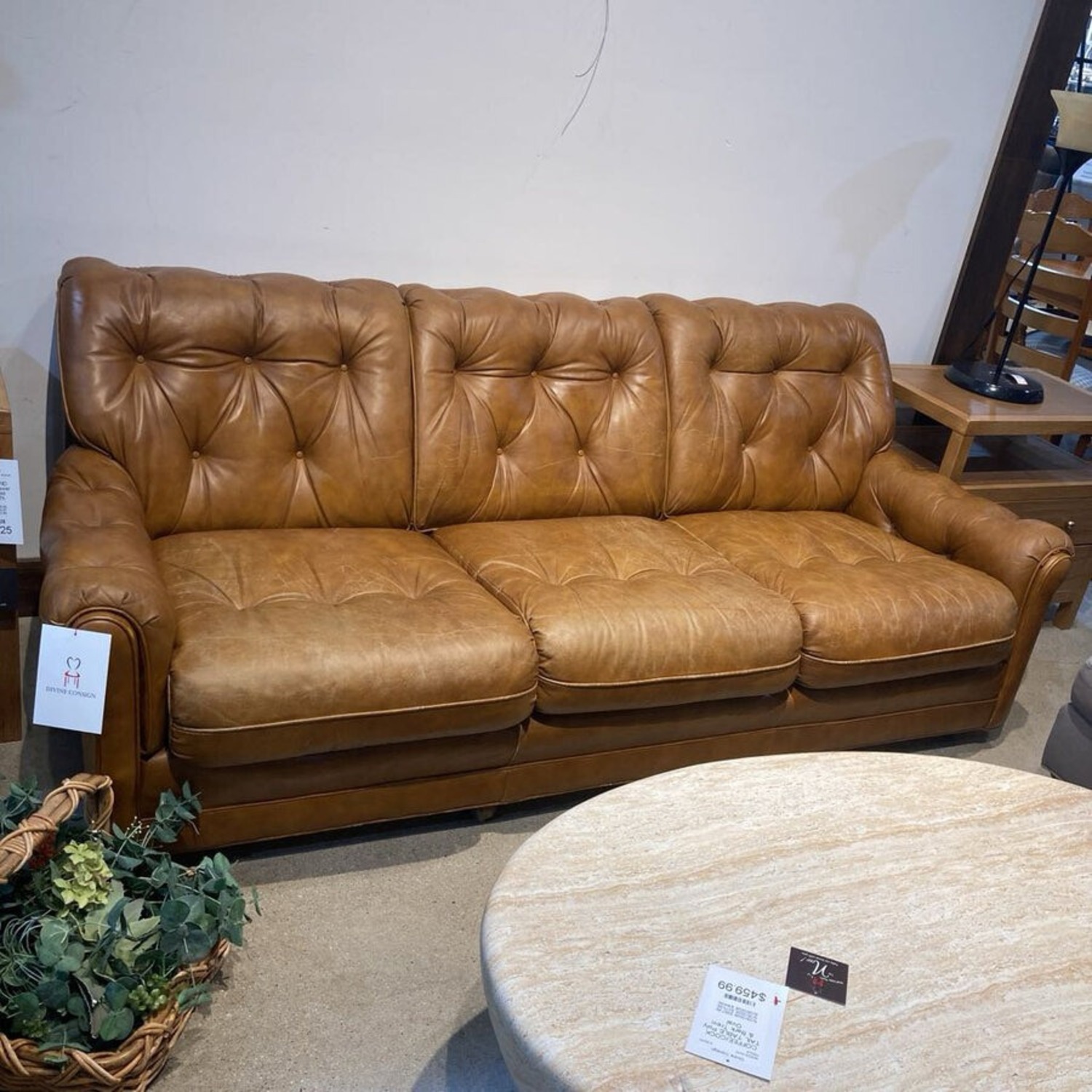 Brewster & Stroud Caramel Tufted Leather Sofa - image-3