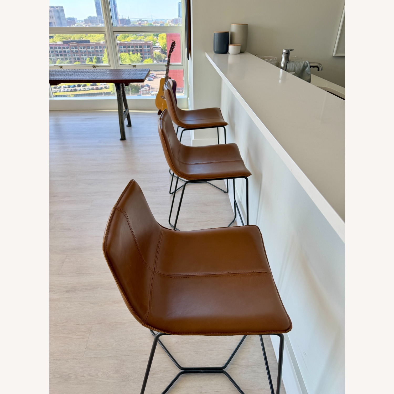 West Elm Slope Bar Stools - Saddle Brown Leather  - image-2