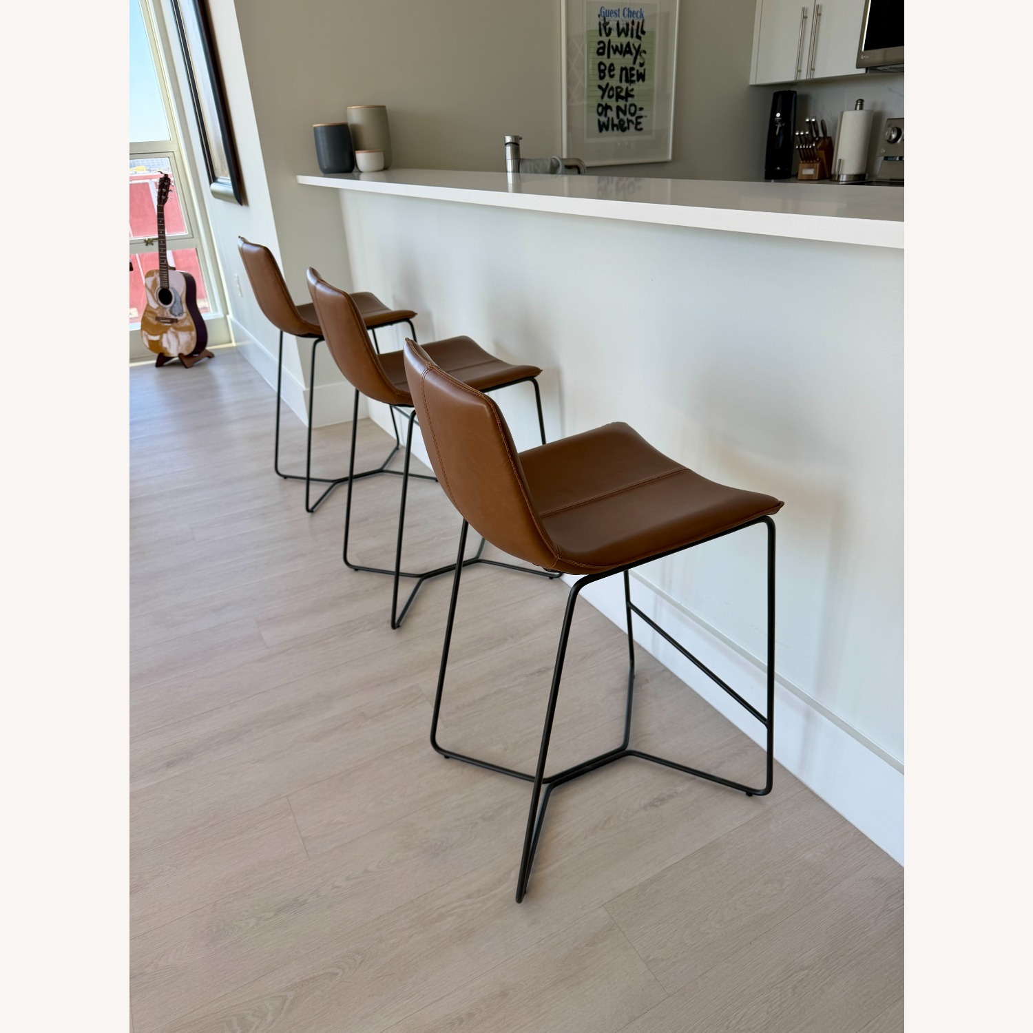 West Elm Slope Bar Stools - Saddle Brown Leather  - image-3