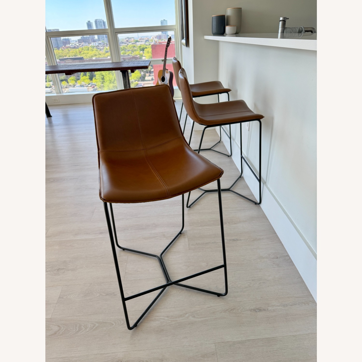 West Elm Slope Bar Stools - Saddle Brown Leather  - image-1