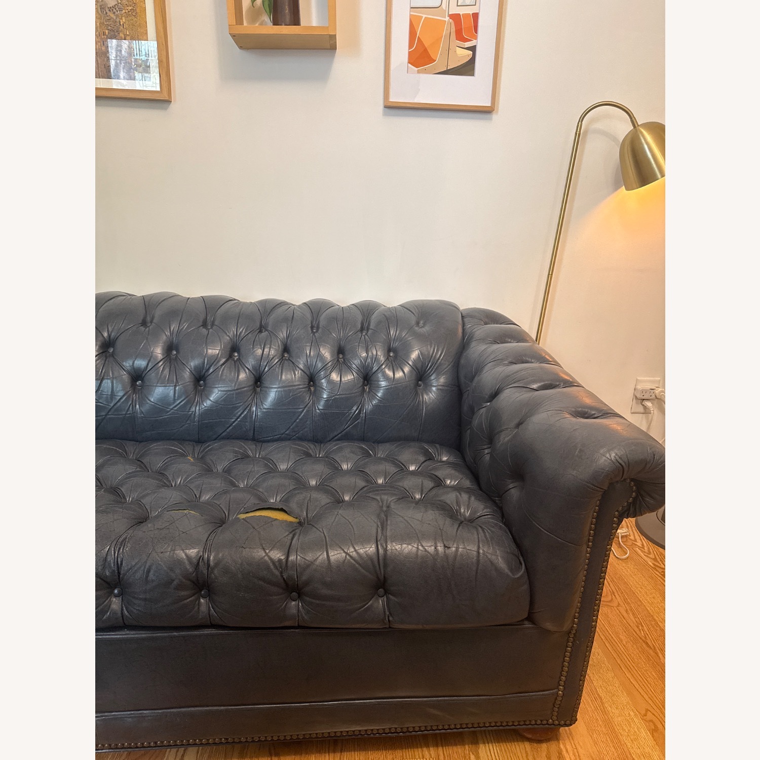Vintage Blue Leather Chesterfield Sleeper Sofa - image-6