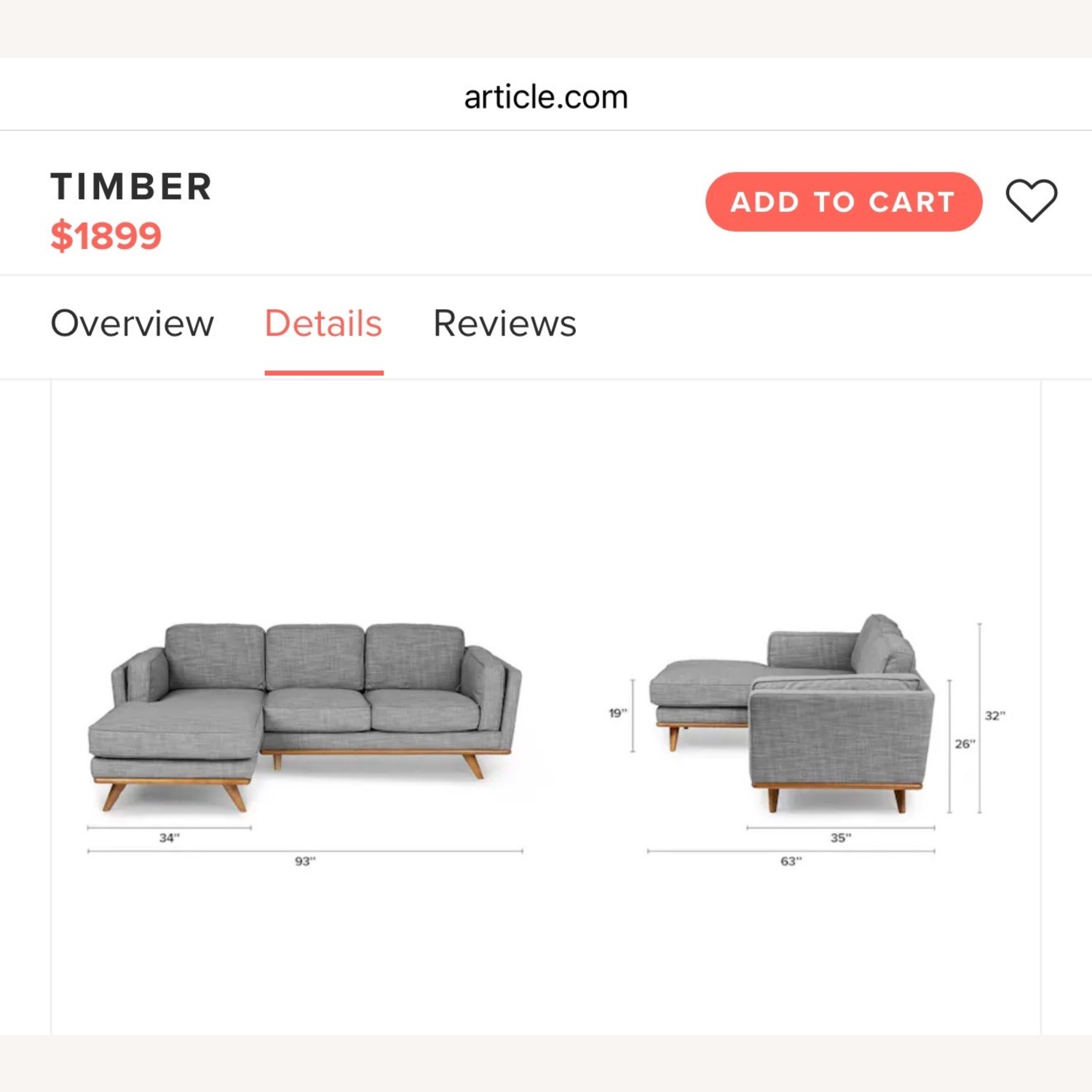 Article Timber Light Gray Fabric 2 Piece Sectional - image-2