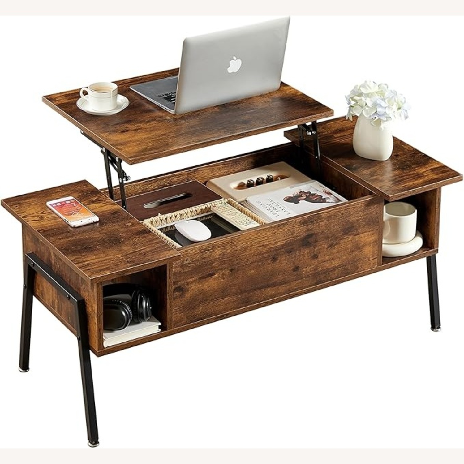 VECELO Dark Brown Wood Coffee Table - image-5