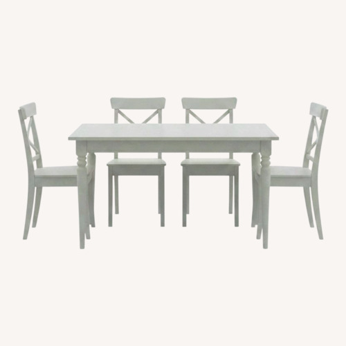 Used IKEA ROSENTORP White Wood Dining Set + 6 Chairs for sale on AptDeco