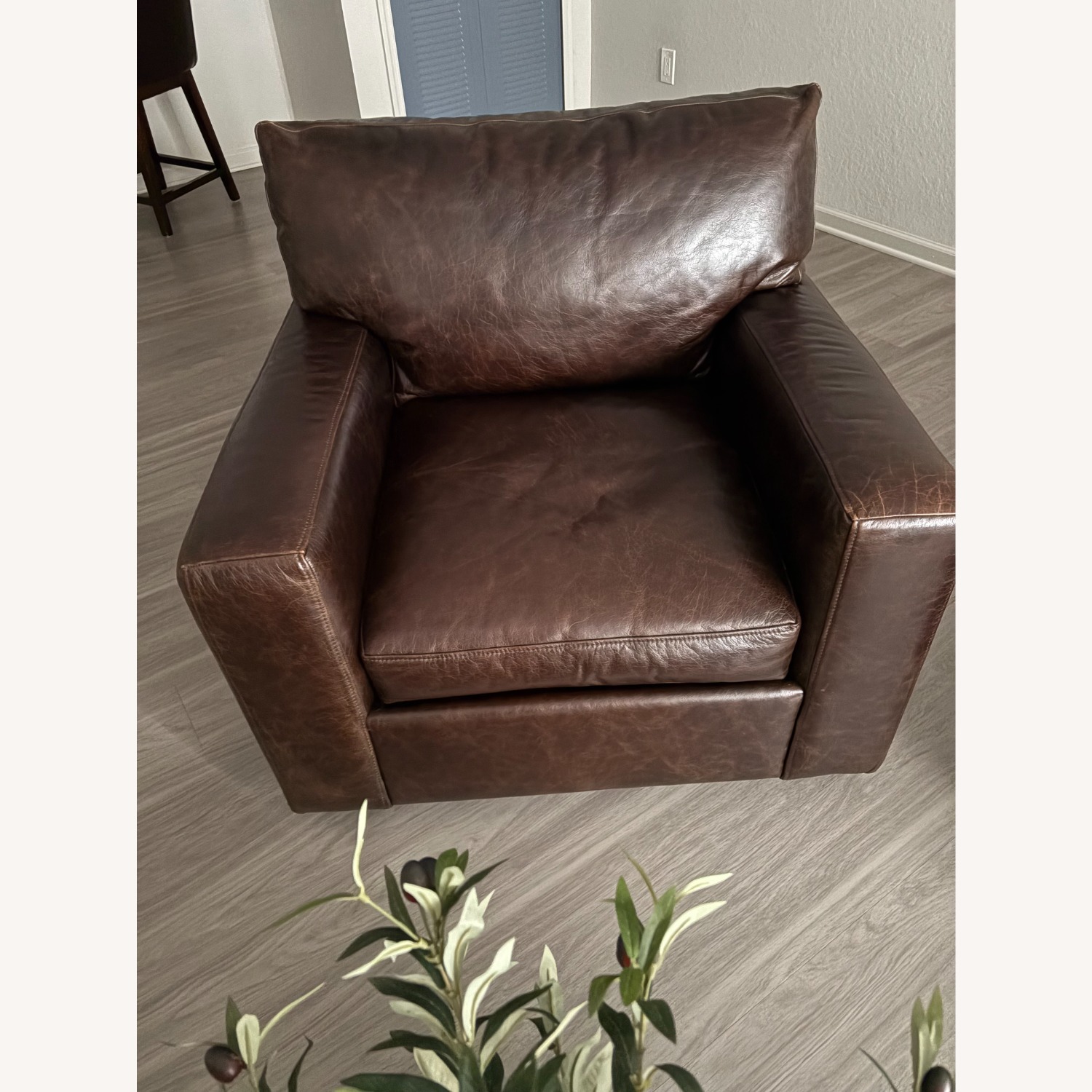 Dark Brown Leather Swivel Armchair - image-1