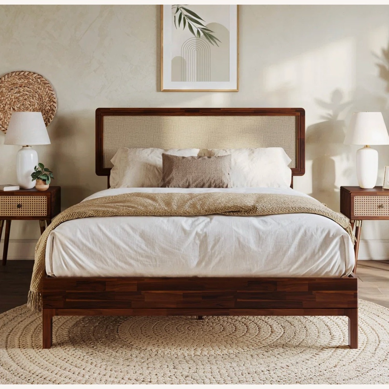 Solid Wood & Rattan Queen Bedframe - image-1